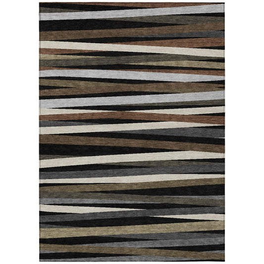 9x12ft Black Brown Ivory Striped Washable Indoor Outdoor Area Rug