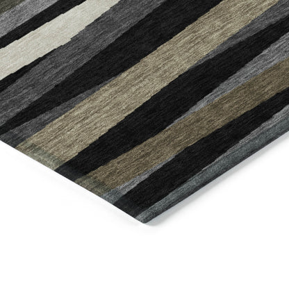 9x12ft Black Brown Ivory Striped Washable Indoor Outdoor Area Rug