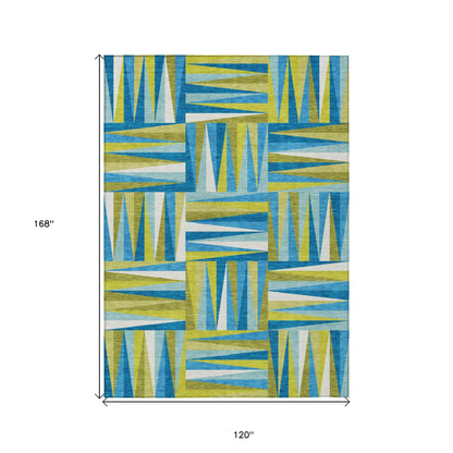 Teal Blue Green Ivory Geometric Indoor Outdoor Area Rug Waterproof Heavy Duty Polyester