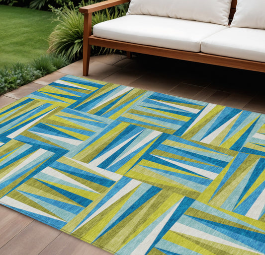 Teal Blue Green Ivory Geometric Indoor Outdoor Area Rug Waterproof Heavy Duty Polyester