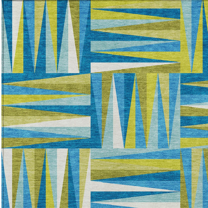 Teal Blue Green Ivory Geometric Indoor Outdoor Area Rug Waterproof Heavy Duty Polyester