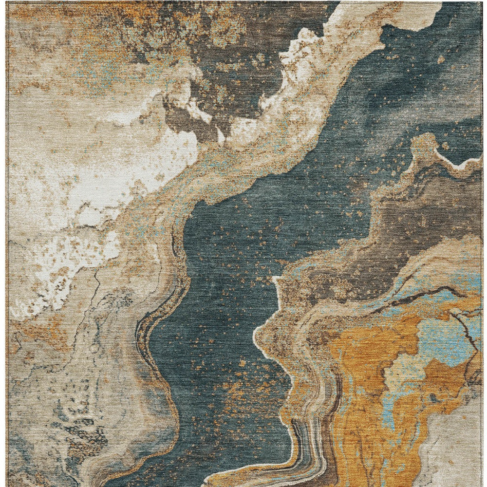 10' X 14' Wheat And Charcoal Abstract Washable Indoor Outdoor Area Rug