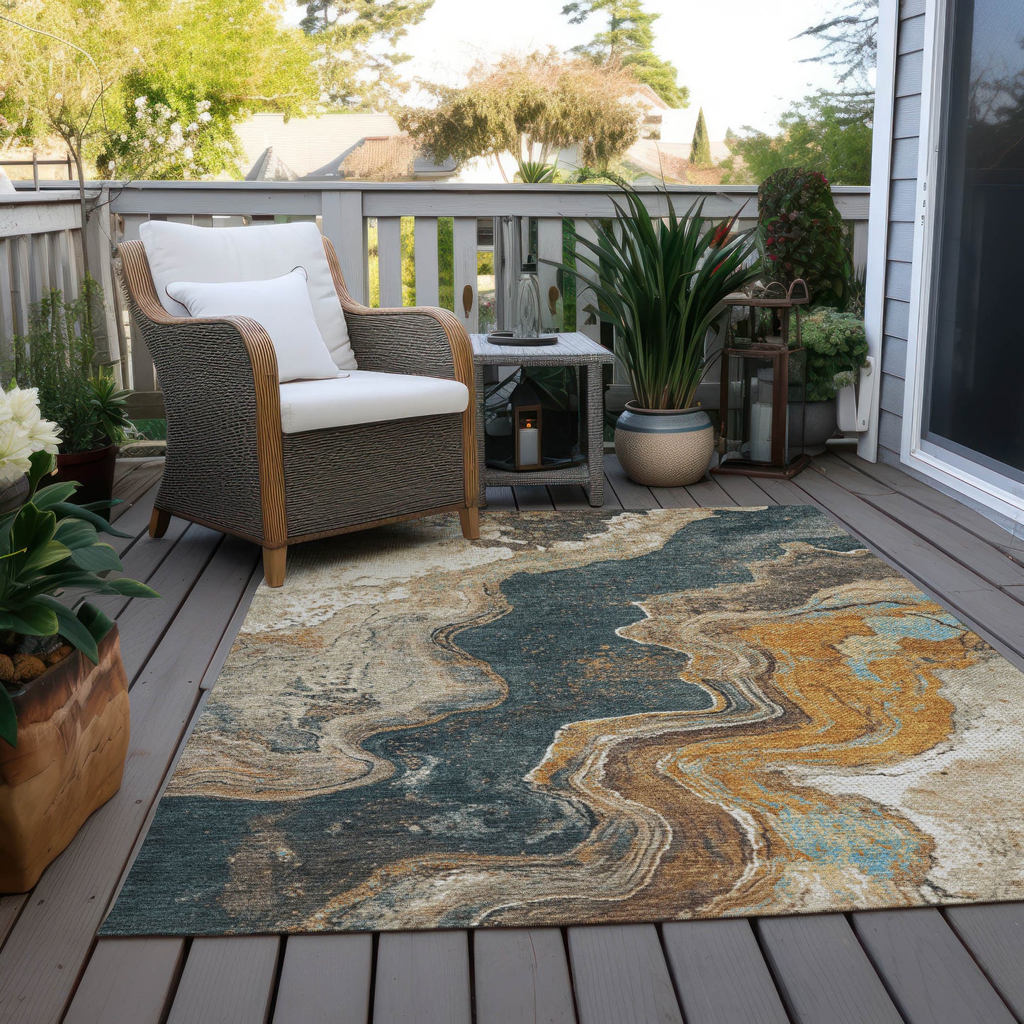 10' X 14' Wheat And Charcoal Abstract Washable Indoor Outdoor Area Rug