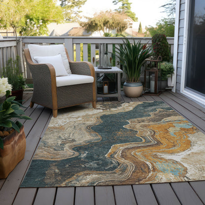 10' X 14' Wheat And Charcoal Abstract Washable Indoor Outdoor Area Rug