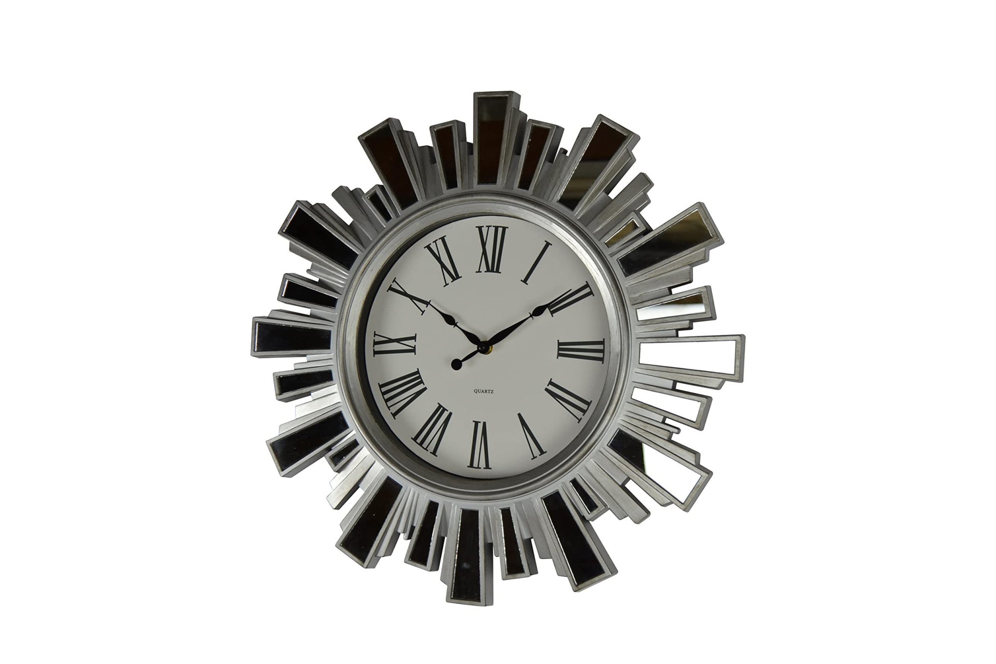 19" Silver And Clear Mirrored Glass And Heavy Duty Plastic Silent Analog Sunburst Wall Clock-1