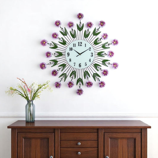 27" Purple Green And White Metal and Glass Silent Analog Floral Round Wall Clock-0