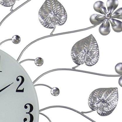 27" Silver White And Black Metal and Glass Silent Analog Floral Round Wall Clock