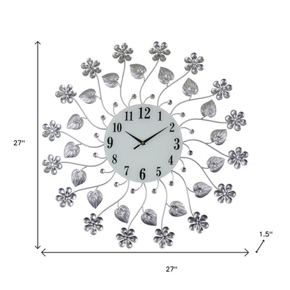 27" Silver White And Black Metal and Glass Silent Analog Floral Round Wall Clock