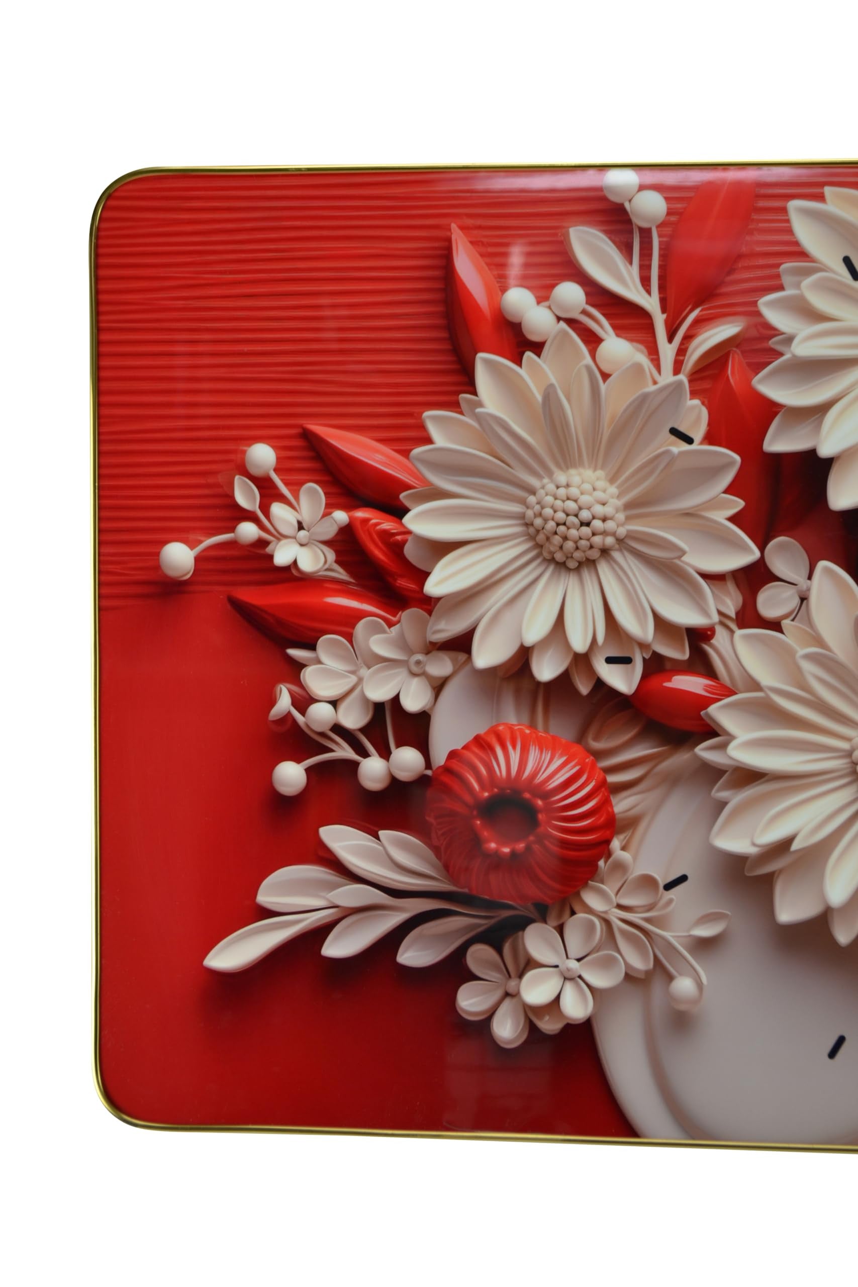 24&#39;&#39; White Red Black Solid Wood Acrylic Silent Analog Floral Wall Clock-3