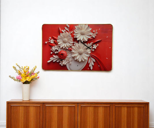 24&#39;&#39; White Red Black Solid Wood Acrylic Silent Analog Floral Wall Clock-0