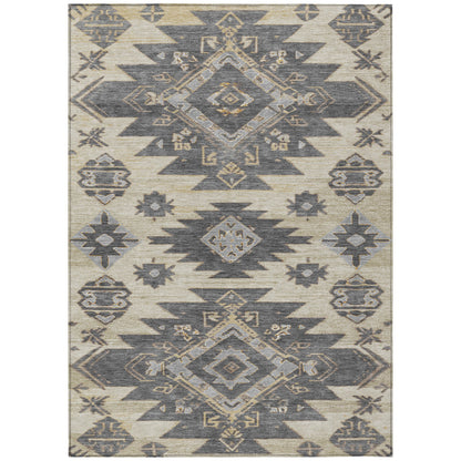 5ftx8ft Beige and Gray Tribal Washable Indoor Outdoor Rug