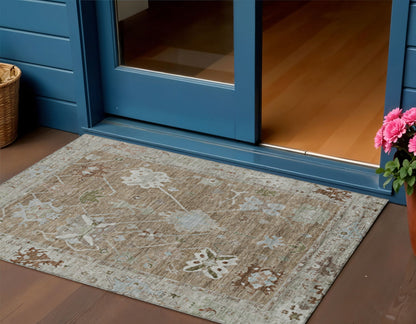 Brown Gray Tribal Washable Indoor Outdoor Area Rug 3x5 Ft Rectangle Shaped Heavy Duty Polyester High Traffic Rug