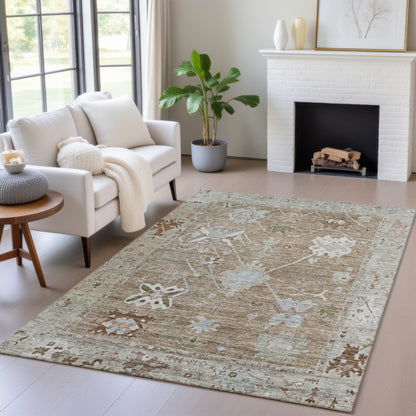 Brown Gray Tribal Washable Indoor Outdoor Area Rug 3x5 Ft Rectangle Shaped Heavy Duty Polyester High Traffic Rug