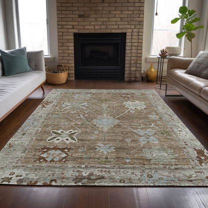 Brown Gray Tribal Washable Indoor Outdoor Area Rug 3x5 Ft Rectangle Shaped Heavy Duty Polyester High Traffic Rug