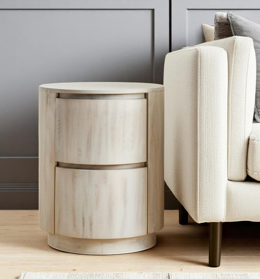 24 White Solid Wood Round Drum Side Table with Two Storage Drawers-0