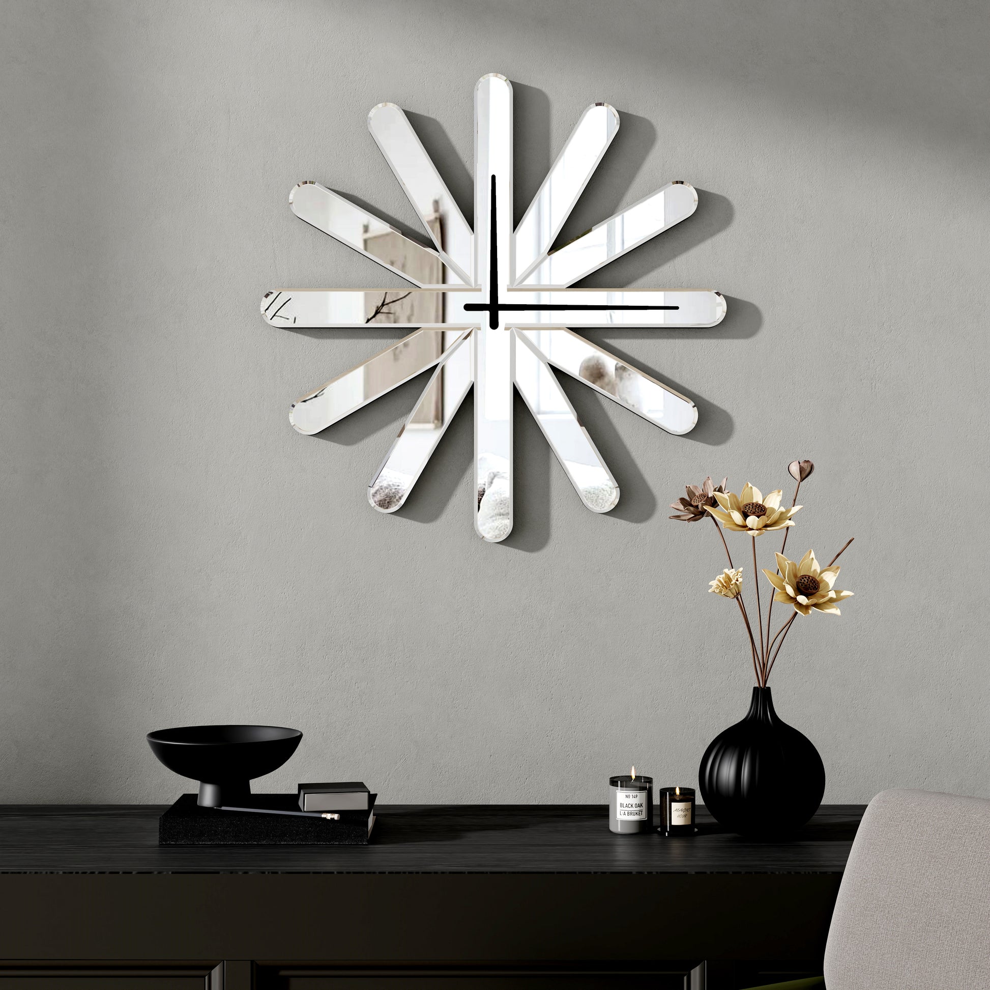 26" Silver Mirrored Glass Silent Analog Starburst Wall Clock-5