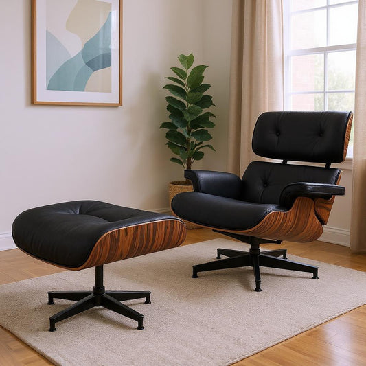Black Rosewood Tufted Leather Lounge Chair With Ottoman, Mid Century Modern