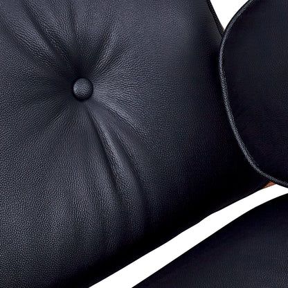 Black Rosewood Tufted Leather Lounge Chair With Ottoman, Mid Century Modern