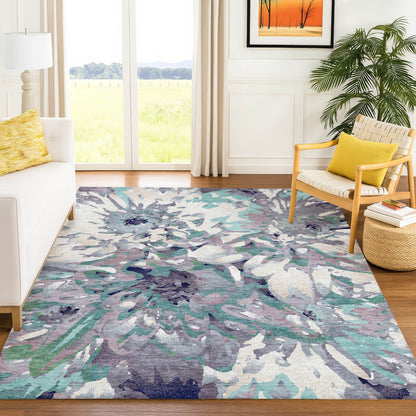 9x12 Lavender Gray Floral Indoor Outdoor Washable Area Rug