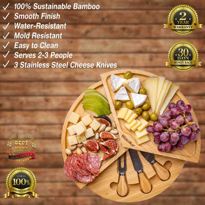 Bamboo Cheese Board Set - Swiveling 14 Inch Charcuterie Board with Slide-Out Drawer and Cheese Knives.-1
