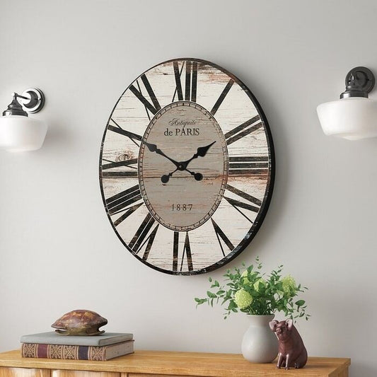 White Washed Oversized Distressed Paris Wood Wall Clock-0
