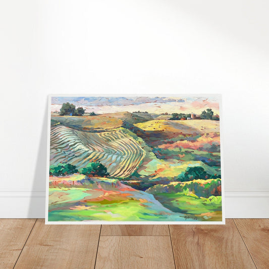 "Golden Sunset Over Rolling Hills" Landscape | 20x28 inch Wooden Framed Art Print | Original Artwork by American Artist Barbara Cleary
